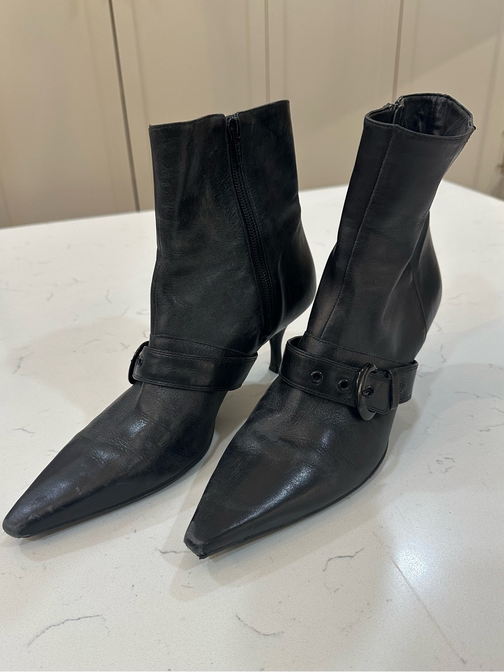 Gianni Bini Black Pointed Leather Ankle Booties with Buckle Strap- 8